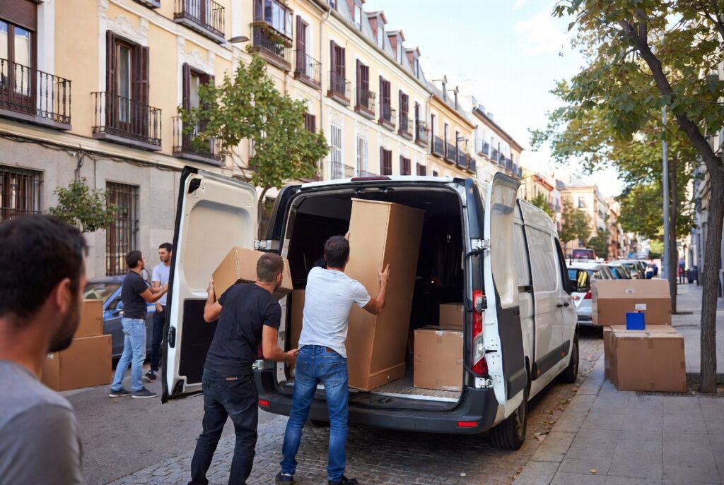 Equipo profesional cargando muebles en furgoneta
