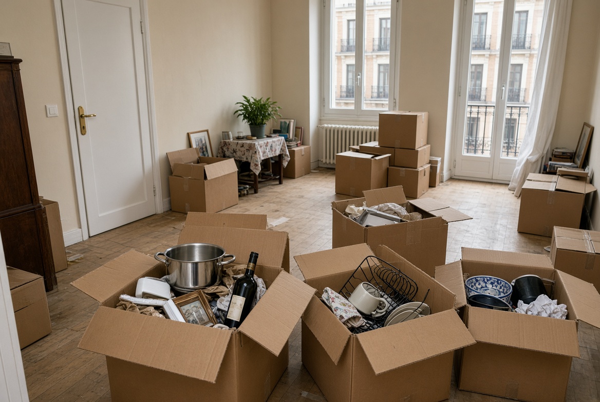 Cajas con enseres durante el vaciado de un piso
