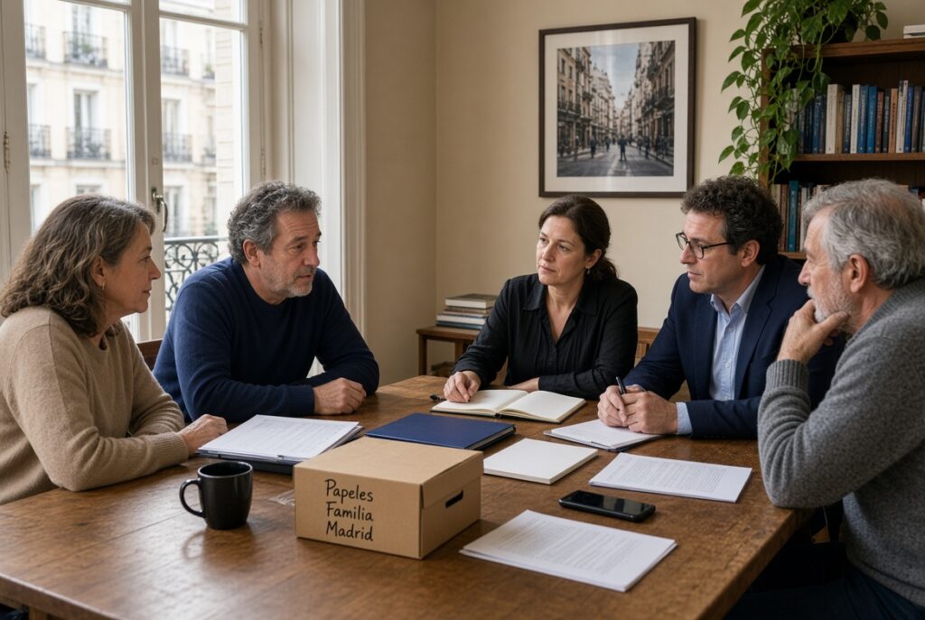 Familia y equipo organizando el vaciado de un piso heredado